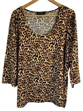 Womens Animal Print Top 2X Tan Black Stretch Scoop Neck Leopard Cheetah